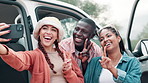 Friends, happy and outdoor with peace sign on selfie on holiday, camping and break in Texas. Car, laugh and smile in summer vacation for adventure, travel and trip to relax for bonding or support