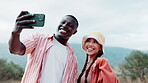 Couple, people and happy outdoor with selfie on holiday, camping and break for memories in Texas. Fun, laugh and smile on vacation for adventure, travel and trip to relax for bonding and support