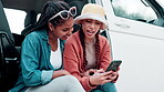 Friends, smartphone and van or smile on road trip, happy and social media or picture for post together for memory. Travel, selfie and journey with people and app for networking, talking and holiday