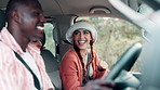 Group, road trip and car with dance, music and smile for conversation and travel discussion. Friends, diversity and communication for summer adventure, holiday break and outdoor vacation happiness