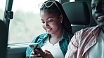 Cellphone, travel and woman in van on road trip texting online for journey to holiday home or resort. Technology, drive and female person read ebook, story or novel on phone in vehicle for vacation.