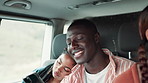 Road trip, smile and man with phone in car for social media, funny post and online communication. Couple, sleep and person with smartphone in motor vehicle for internet, network and comedy on journey