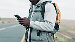 Hands, phone and backpacking person on road with app for ride share, transport or travel closeup. Direction, location and map with tourist on street outdoor to search for information or navigation