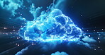 Blue ,cloud and computing and with connection for storage, networking and backup for recovery or data security for ransomware. Digital, abstract and futuristic design for cybersecurity and innovation