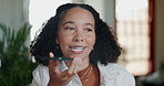 Happy, woman and face with phone call for talking with friends on social media for conversation and communication. Female person, smile and smartphone for discussion on evening plans at home