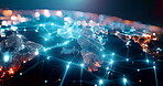 Global, link and connection with networking dots, matrix and technology innovation and community for big data. Holographic, information and lines or grid for optimization together, world and service