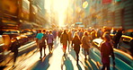 Busy, moving and people in city for travel, commute and transport for work. Buildings, speed and crowd walking, blur and arriving or leaving for a trip, holiday or traveling for business or vacation