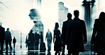 Busy, moving and silhouette in city for travel, commute or transport for work. People, background and crowd walking, double exposure or leaving for trip, holiday or traveling for business or vacation