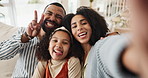 Family, happy and funny face with selfie on sofa in new home or house for memory to post on social media, internet and bonding. Mother, father and girl child in living room on couch to relax with pov