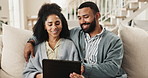 Couple, tablet and couch to relax, streaming and subscription to watch, movie and film for date night. Home, woman and man with choice of video, digital and internet for entertainment in weekend