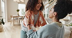 Hug, love or smile with mother and daughter in living room of home for bonding, safety or support. Happy. security or trust with woman single parent and girl child in apartment for development