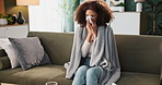 Blanket, sick and woman with tissue on sofa for respiratory virus, flu and infection at home. Female person, allergies and problem with nose in living room for sinusitis, bacteria or fatigue on couch