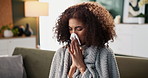 Woman, home and sick with blowing nose on illness, flu and sinus in living room on sofa. Female person, sneeze and couch in lounge with blanket for fever, virus and allergy with tissue for infection