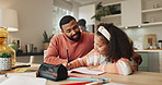 Dad, girl and smile with writing for homework with book to study or read for knowledge, education and learning. Parent, kid and school project with support, care and help for child development