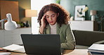 Woman, home and laptop on sofa with headache for social media or online research or networking. Lady, living room and internet or mobile app for remote work, communication or stress for reading