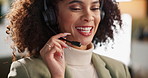 Woman, headphone and mic as virtual assistant, consultant or service agent in contact center in customer care. Female person, smile and speaking with client in technical, support or communication