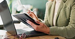 Woman, consultant and tablet with laptop at office for communication, connection and digital for networking. Female person, tech and typing for business, company or workplace as legal representative