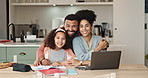 Happy, family and hug with laptop at dinner table for remote work, homework and elearning at home. Smile, parents and girl with love embrace in living room for support and help with online course