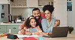 Happy, family and hug with laptop at dinner table for remote work, bonding and support with homework. Smile, parents and girl with love embrace for growth and help with education from online course