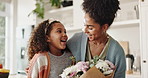 Woman, daughter and hug for bonding at home, love and happiness for care in childhood or parenting. Family, mothers day and child embrace for connection, gift or support or relax together in kitchen