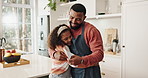 Man, daughter and hug for bonding at home, love and happiness for care in childhood or parenting. Family, fathers day and child embrace for connection, gift or support or relax together in kitchen