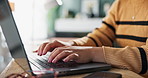 Remote work, woman and hands of copywriter in closeup with laptop for email, communication and research in home office. Female person, fingers and freelancer with computer for feedback on proposal