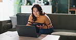 Woman, tablet and smile on sofa for online shopping with laptop for banking verification alert. Happy, female person and tech to scroll sales on couch for retail, discount or deal on web store