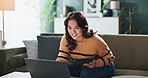Woman, tablet and smile on sofa for ecommerce and online shopping with laptop for banking verification. Happy, female person and tech for payment with retail notification of discount or sales offer