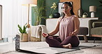 Woman, peace and yoga with lotus pose in home for stress reduction or management, mindfulness and relaxation. Girl, calm with eyes closed and meditation in house for mental wellness and breathing.