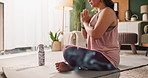 Woman, hands and yoga or meditation in home for peace, calm and mindfulness for mental health with incense for aromatherapy. Girl, lotus pose and relaxation with zen, breathing exercises and chakra.