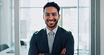 Asian man, face and arms crossed in office as professional employee or home loan, insurance or real estate. Male person, portrait and smile for client trust or finance advance, property or confident