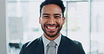 Business man, face and happy in office with career confidence and about us at law firm. Portrait of employee, attorney or lawyer in Philippines with smile, laughing and legal job for advice in office