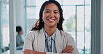 Portrait, office and Asian woman with confidence, smile or legal advisor at HR consulting business. Happy, face and businesswoman with opportunity, arms crossed and about us at human resources agency