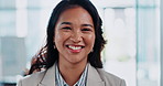 Woman, face and confident in office, professional and proud of career opportunity in company. Female person, employee and lawyer portrait in workplace, positive attorney and future growth in law firm