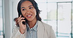 Phone call, office and Asian woman with smile, networking and legal advisor at consulting business. Happy, talk and businesswoman with smartphone, communication and contact at human resources agency