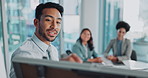 Businessman, coaching and whiteboard with team for presentation, collaboration or training staff at office. Asian man or employee talking to employees for business proposal, idea or plan at workplace