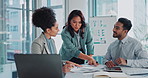 Business people, coach and presentation with documents for meeting, planning or collaboration at office. Group of employees in team discussion for corporate strategy or brainstorming at workplace