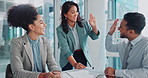 Business people, coach and presentation with high five for documents, meeting or collaboration at office. Group of employees touching in team discussion for corporate win or success at workplace