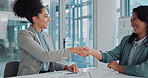 Business woman, contract and handshake in meeting with signature for b2b deal, onboarding and job agreement. Worker, clients or employees shaking hands in congratulations or thank you for negotiation