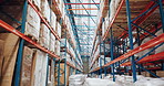 Warehouse, distribution and inventory with storage, supply chain and logistics for ecommerce and shipping. Supplier, stock on shelf and cargo at factory plant, product with delivery and industry