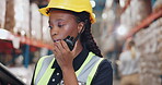 Black woman, tablet and radio communication in factory for safety alert or orders, production updates and equipment status. Girl, online and logistics coordination, quality control check and feedback