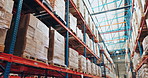 Logistics, industry and shelf with inventory in warehouse for wholesale, production and distribution. Dropshipping, cardboard box and factory with cargo for supply chain, storage and export in Norway