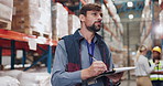 Shipping, warehouse and man with clipboard for inspection, supply chain and delivery. Factory, distribution notes and person with package, box and shelves for logistics, manufacturing and production