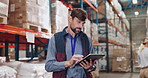 Shipping, warehouse and man with tablet for inspection, supply chain and delivery. Factory, distribution and person with package, box and shelves for online logistics, manufacturing and production