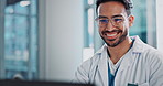 Computer, doctor or man in office with smile, glasses and research with healthcare consultant at clinic. Hospital, medicine and medical professional with laptop, email and advice for health insurance