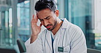 Man, doctor and laptop or tired stress with headache for deadline burnout or anti aging trail, overworked or fatigue. Male person, research and medical hospital or migraine pain, health or brain fog