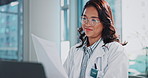 Computer, doctor or woman in office with paperwork, glasses and research with healthcare consultant. Hospital, medicine and medical professional with laptop, smile and documents for health insurance