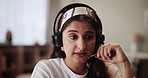 Woman, call centre and headset in home, support and virtual receptionist or assistant service. Female person, professional and customer care hotline for speaking, agent talk and telemarketing offer