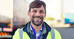 Outdoor, face and man in logistics warehouse for manufacturing, inventory and operations management. Outside, male manager and pride for inspection success, maintenance and distribution of service