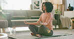 Woman, meditation and zen in home for breath work, spirituality and calm in living room. Floor, mat and yoga or pilates for holistic training, female person and mindset or mindfulness practice